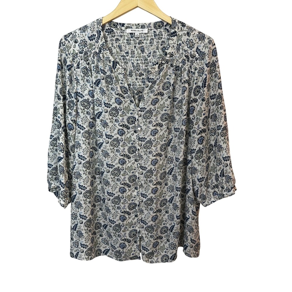 Rose + Olive Popover Blouse V Neck Womens 1X Floral Smocked‎ 3/4 Sleeve Cottage